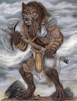 4_toes 5_fingers anthro armor axe barefoot biped black_nose blind_eye bottomwear braided_hair brown_body brown_fur brown_hair claws clothed clothing cloud day detailed_fur digitigrade eye_scar facial_scar feet fingers fur grass hair holding_object holding_weapon loincloth male melee_weapon outside overcast pauldron plant plate_armor rock scar skimpy sky solo standing teeth toes vambrace weapon sidonie canid canine canis mammal wolf detailed hi_res traditional_media_(artwork)