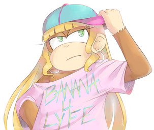 anthro blonde_hair brown_body brown_fur clothed clothing female fur green_eyes hair hat headgear headwear jewelry long_hair simple_background solo text white_background solstice-rose donkey_kong_(series) nintendo dixie_kong haplorhine mammal monkey primate english_text
