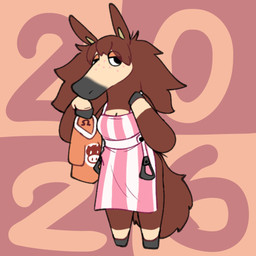 alternate_species anthro apron apron_only big_hair breasts brown_body brown_hair brown_tail cleavage clothed clothing female freckled_face freckles hair holding_clothing holding_object holding_shirt holding_topwear hoof_hands hooves lidded_eyes looking_at_viewer shirt simple_background solo standing tail topwear gnwired animal_crossing chinese_zodiac new_year_2026 nintendo year_of_the_horse sable_able equid equine horse mammal 2026 digital_media_(artwork) full-length_portrait hi_res portrait