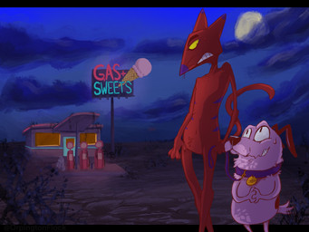 anthro big_eyes black_ears black_eyebrows black_eyes black_nose black_spots bodily_fluids clasped_hands clenched_teeth cloud collar collar_only dark detailed_background dirt door duo eye_contact eyebrows fur gas_station holding_leash holding_object hungry interspecies leash light looking_at_another looking_back looking_down looking_up male male/male markings moon moonlight night nude pink_body pink_fur plant pupils purple_ears purple_nose red_body red_fur romantic romantic_couple shrub sign size_difference sky slit_pupils spots spotted_body spotted_fur spotted_markings standing store striped_body striped_fur striped_markings stripes sweat sweatdrop tail tail_motion tailwag teeth text thick_eyebrows whiskers window yellow_sclera 0rpington cartoon_network courage_the_cowardly_dog courage_the_cowardly_dog_(character) katz_(courage_the_cowardly_dog) beagle canid canine canis domestic_cat domestic_dog felid feline felis hunting_dog mammal scent_hound 4:3 english_text hi_res