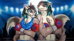 abs anthro athletic athletic_anthro athletic_female athletic_male audience black_eye_(injury) black_hair blood blood_on_mouth bodily_fluids bottomwear boxing_gloves breasts brown_body brown_fur bruised chest_tuft clothed clothing confident countershade_face countershade_torso countershading crossed_arms duo female fighting_ring fur gloves green_highlights group hair handwear highlights_(coloring) looking_at_viewer male midriff multicolored_body multicolored_fur navel nosebleed pose shorts sleeveless_clothing smile smirk smug tan_body tan_fur teeth topless topless_male topwear tuft two_tone_body two_tone_fur wounded dracoscurra audlin vidar_(yuviau) canid canine canis coyote mammal 16:9 2020 digital_media_(artwork) widescreen brother_(lore) brother_and_sister_(lore) sibling_(lore) sister_(lore)