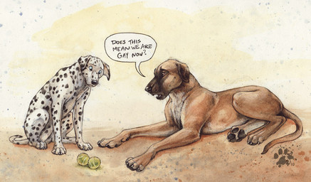 abstract_background ball claws countershading dialogue duo feet feral fur hindpaw humor male markings pawpads paws pun simple_background spots spotted_body spotted_fur surprised tail tennis_ball text visual_pun blotch not_gay_unless_balls_are_touching canid canine canis dalmatian domestic_dog kangal livestock_guardian_dog mammal molosser mountain_dog pastoral_dog 2010 english_text traditional_media_(artwork)