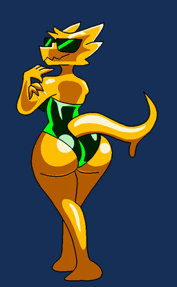 anthro butt eyewear female glasses gold_(metal) liquid liquid_metal metalic themadastronaut mythology aurum_(themadastronaut) dragon goo_creature mythological_creature mythological_scalie scalie alpha_channel