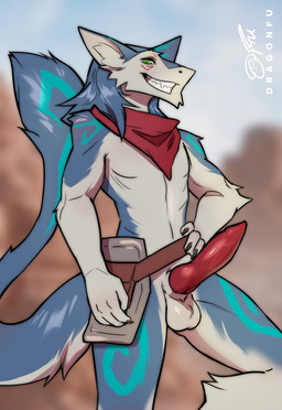 5_fingers anthro balls biped blue_body blue_fur blue_tail claws clenched_teeth clothed clothed_anthro clothed_male clothing day erection finger_claws fingers front_view fur genitals green_eyes inner_ear_fluff looking_at_viewer male mostly_nude mostly_nude_anthro mostly_nude_male outside penis scarf scarf_only sky smile solo standing tail teeth tuft dragonfu sergal 2025 digital_drawing_(artwork) digital_media_(artwork) hi_res