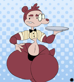 4_fingers anthro belly bow_tie brown_body brown_fur buckteeth clothing countershade_belly countershade_face countershading crop_top curvy_figure eyewear femboy fingers fur glasses halftone_background hand_on_hip head_tuft holding_object holding_plate logo male navel pattern_background plate shirt simple_background small_waist solo tail teeth text thick_thighs thong topwear tuft underwear wide_hips thatdawgmurray toonmarty jack_(toonmarty) eulipotyphlan mammal mole_(animal) aliasing artist_logo artist_name digital_media_(artwork) halftone hi_res signature