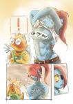 alphys anthro bare_shoulders blue_body blue_skin blush breasts clothing comic duo ear_fins english_text eye_patch eyewear female fin fish gills glasses hair hot_spring humanoid lizard_taro marine ponytail red_hair reptile scalie sharp_teeth simple_background teeth text undertale undertale_(series) undressing undyne water