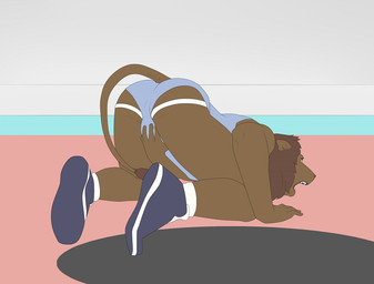 all_fours anthro ass_up ballbusting bulge butt clothing cock_and_ball_torture footwear genital_torture jockstrap male open_mouth pain rear_view solo underwear wrestling 9x9 felid lion mammal pantherine