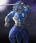 abs anthro belt blue_body blue_fur bottomwear clothed clothing fur holding_object holding_weapon kriegsmesser light male melee_weapon moon moonlight multicolored_body multicolored_fur muscular muscular_anthro muscular_male nipples pants pecs shirtless_male solo sword topless topless_anthro topless_male two_tone_body two_tone_fur weapon white_body white_fur kirlanlion capcom darkstalkers mythology jon_talbain canid canine canis mammal mythological_canine mythological_creature werecanid werecanine werecreature werewolf wolf hi_res