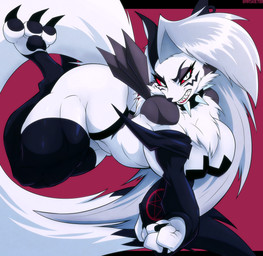 action_pose anthro arm_tuft armwear big_breasts big_tail biped black_markings black_nose black_stocking breasts bridal_gauntlets claws clenched_teeth clothing collar digitigrade eye_markings eyebrows female fluffy fluffy_tail fur fusion grey_hair hair legwear long_hair looking_at_viewer markings muscular muscular_thighs neck_tuft occult_symbol pasties pawpads pentagram pose red_background red_sclera shoulder_tuft simple_background solo spiked_collar spikes symbol tail teeth thigh_highs toe_claws tuft white_body white_eyes white_fur arskie198 bandai_namco digimon hellaverse helluva_boss mythology loona_(helluva_boss) canid canid_demon canine demon digimon_(species) hellhound mammal mythological_canine mythological_creature renamon 2026 hi_res