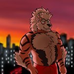 anthro anthrofied belly city clothed clothing fur hair looking_at_viewer male musclegut muscular nude pecs pokemorph smile solo sunset chase_shinien nintendo pokemon arcanine canid canine canis generation_1_pokemon mammal pokemon_(species) 1:1 hi_res