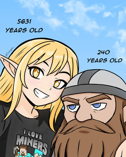 age_difference armor beard black_clothing black_shirt black_t-shirt black_topwear blonde_hair blue_clothing blue_eyes blue_shirt blue_sky blue_topwear brown_beard brown_facial_hair brown_hair clothing cloud day diamond_armor duo eyebrows facial_hair female hair headgear helmet humanoid_pointy_ears humor long_hair looking_at_viewer male meme_shirt not_furry outside pickaxe_(minecraft) pointy_ears pun shirt sky smile t-shirt teeth text topwear visual_pun white_body white_sclera white_skin yellow_eyes oranyaa microsoft minecraft mojang xbox_game_studios lori_(oranyaa) steve_(minecraft) unnamed_character dwarf elf humanoid 2025 4:5 digital_drawing_(artwork) digital_media_(artwork) english_text hi_res watermark