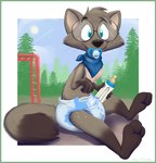 ageplay anthro bottle clothed clothing container dadeotter diaper eyewear glasses gulonine hi_res infantilism male mammal marten monkey_bars mustelid musteline object_in_mouth pacifier pacifier_in_mouth pine_marten playground roleplay side_view solo wearing_diaper zenfetcher