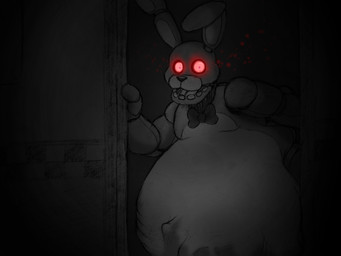 abdominal_bulge anthro belly big_belly glowing glowing_eyes huge_belly machine male male_pred red_eyes same_size_vore vore jushy five_nights_at_freddy's scottgames bonnie_(fnaf) animatronic lagomorph leporid mammal rabbit robot hi_res