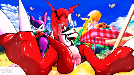 armpit_sniffing balls beach big_breasts bodily_fluids breasts burger claws cloud day detailed_background feet female flaccid food foot_focus foreskin furniture genital_fluids genitals group humanoid_genitalia humanoid_penis low-angle_view male male_focus outside paws penis picnic precum saliva sniffing sweat sweatdrop table tail toe_claws tongue tongue_out michmachape bandai_namco digimon avian bird digimon_(species) guilmon impmon renamon hi_res