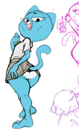 anthro bedroom_eyes blue_body blue_fur bottomwear butt butt_pose clothed clothing cute_fangs duo exclamation_point fangs female fully_clothed fur male miniskirt narrowed_eyes open_mouth open_smile panties panty_shot plantigrade pose seductive skirt smile solo_focus tail tail_under_skirt tail_upskirt teeth thick_thighs underwear upskirt wide_hips fourball cartoon_network the_amazing_world_of_gumball gumball_watterson nicole_watterson domestic_cat felid feline felis mammal 2025 hi_res sketch