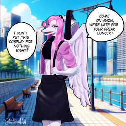alternate_costume amber_eyes anthro bench biped black_bottomwear black_clothing black_crop_top black_shirt black_skirt black_topwear blue_body bone_frill bottomwear breasts building clothed clothed_anthro clothed_female clothing cloud collar cosplay crop_top day dialogue elbow_feathers feathered_wings feathers female fingers frill_(anatomy) front_view guitar_case hair humanoid_hands insult insulting_viewer jacket long_hair looking_at_viewer markings medium_breasts midriff navel non-mammal_breasts non-mammal_navel open_clothing open_jacket open_mouth open_topwear outside pink_body pink_clothing pink_feathers pink_hair pink_jacket pink_topwear plant shirt skirt sky solo spiked_collar spikes standing striped_markings stripes talking_to_viewer text topwear tree water wings anfitrionaaa bocchi_the_rock cavemanon_studios goodbye_volcano_high ko_op_(game_developer) snoot_game fang_(gvh) prehistoric_species pterosaur reptile scalie 1:1 2025 absurd_res colored digital_media_(artwork) english_text hi_res portrait shaded three-quarter_portrait