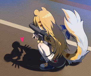 accessory animal_ears bent_legs black_bottomwear black_clothing black_shorts blonde_hair blue_clothing blue_footwear blue_shoes bottomwear clothing crouching female footwear furgonomics glistening glistening_hair hair heart_symbol jacket long_hair markings playful raised_tail ribbons shadow shoes shorts socks solo striped_hair striped_markings striped_tail stripes tail tail_accessory tail_markings tail_ribbon thigh_strap topwear two_tone_tail white_clothing white_footwear white_socks yellow_clothing yellow_jacket_(clothing) yellow_topwear chakkab cat_shadow_puppet_(meme) mihoyo zenless_zone_zero ju_fufu animal_humanoid felid felid_humanoid humanoid mammal mammal_humanoid pantherine pantherine_humanoid thiren tiger_humanoid absurd_res hi_res
