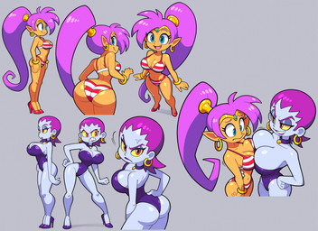 big_breasts big_butt bikini blue_eyes bracelet breast_squish breasts butt choker cleavage clothed clothing dark_body dark_skin duo ear_piercing ear_ring eyelashes female footwear front_view grey_background grey_body grey_skin hair hand_on_hip high_heels humanoid_pointy_ears jewelry long_hair looking_at_viewer looking_back looking_back_at_viewer navel necklace one-piece_swimsuit open_mouth open_smile pattern_bikini pattern_clothing pattern_swimwear piercing pointy_ears ponytail purple_clothing purple_footwear purple_hair purple_high_heels purple_swimwear rear_view red_bikini red_clothing red_eyes red_footwear red_high_heels red_swimwear ring_piercing shoes side_view simple_background smile squish striped_bikini striped_clothing striped_swimwear stripes swimwear thick_thighs two-piece_swimsuit white_bikini white_clothing white_swimwear wide_hips yellow_sclera stealth-brock shantae_(series) wayforward risky_boots shantae genie human humanoid mammal absurd_res hi_res