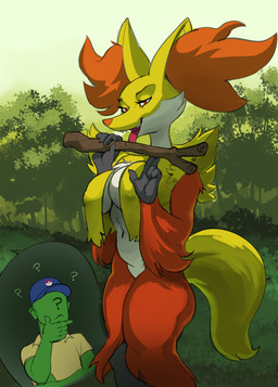 5_fingers ?_face anthro anthrofied arm_tuft baseball_cap bedroom_eyes big_breasts biped breast_curtains breasts cheek_tuft chest_tuft claws clothing collared_shirt confusion cutaway detailed_background dress_shirt duo eyelashes facial_tuft featureless_crotch female female_focus fingers flirting front_view frown fur gloves_(marking) grey_body grey_fur half-closed_eyes hat headgear headwear hmm holding_object humanoid_hands humor inner_ear_fluff licking light looking_at_viewer markings multicolored_body multicolored_fur narrowed_eyes nature navel nipple_outline nude open_mouth open_smile orange_body orange_eyes orange_fur orange_nose outside plant pokemorph pseudo_clothing question_mark red_tongue seductive shadow shirt shoulder_tuft shrub sky slightly_chubby smile snout solo_focus speech_bubble standing stick suggestive tail thinking thoughtful_expression tongue tongue_out topwear tree tuft white_body white_fur yellow_body yellow_fur yellow_tail unknown_artist nintendo pokemon anon canid canine delphox generation_6_pokemon human mammal pokemon_(species) digital_drawing_(artwork) digital_media_(artwork) hi_res lighting pictographics portrait three-quarter_portrait