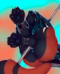 4_toes ailurid anthro between_legs big_butt bubble_butt butt butt_shot claws clothing feet foot_focus foot_shot fur hi_res latex legs_around_pole male mammal pawpads paws pole pole_between_legs red_body red_panda rexwind simple_background solo spook_(spookcity) thong toes underwear