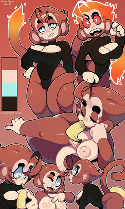 angry anthro balls banana big_breasts blue_eyes breasts brown_body brown_fur bulge cleavage cleavage_cutout clothed clothing condom cross-popping_vein cutout flaccid food food_in_mouth fruit fur genitals glowing glowing_body glowing_eyes glowing_fur gynomorph hand_on_hip intersex intersex/male leotard male nude penis plant red_eyes sexual_barrier_device sleeves solo text thick_thighs vattarena haplorhine mammal monkey primate english_text hi_res model_sheet