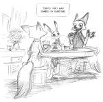 anthro canid canine clothing comic disney female fox fur judy_hopps lagomorph leporid male mammal mature_anthro mature_female mitsuharu_nene monochrome mother_(lore) mrs._wilde nene nick_wilde parent_(lore) rabbit red_fox text true_fox zootopia