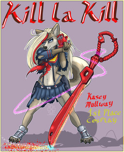 anthro birthday_gift blonde_hair blue_eyes claws clothing cosplay costume fangs gloves gynomorph hair handwear intersex scarf scissors solo teeth text thong underwear uniform fleety_(artist) kill_la_kill studio_trigger kasey_mullway canid canine canis domestic_dog husky mammal nordic_sled_dog spitz english_text hi_res