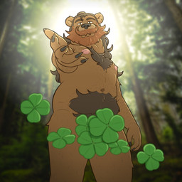 anthro beard belly_hair blurred_background body_hair bright_light brown_body brown_fur brown_hair chest_hair chest_tuft claws clover_(plant) clover_leaf convenient_censorship facial_hair forest forest_background fur hair holidays leaf leaf_censor long_hair looking_at_viewer male mustache naturally_censored nature nature_background navel nude nude_anthro orange_hair plant reaching_towards_viewer shamrock solo standing throwing throwing_object tree tuft antrimbull st._patrick's_day bear mammal ursine 1:1 censored hi_res