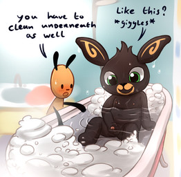 anthro balls bath bathing bathroom bathtub black_arms black_body black_ears black_nose black_skin blush bubble_bath claw_foot_bathtub countershade_face countershading dripping duo foreskin genitals glans green_eyes head_tuft holding_penis male navel nipples nude nude_anthro nude_male penis pink_glans pink_nipples shota tan_body text tuft water wet young young_anthro young_male polygon5 bing_(series) bing_(bing) flop_(bing) lagomorph leporid mammal rabbit english_text