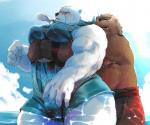 anthro belly blush bottomwear brown_body brown_fur bulge clothed clothing duo fur hug hugging_another hugging_from_behind humanoid_hands lifting male male/male muscular muscular_male overweight overweight_male shorts topless water wet white_body white_fur wrestling wrestling_singlet 00makumakuma00 kumao sdorica crushfang_(sdorica_sunset) dagger_(sdorica_sunset) bear mammal polar_bear ursine 2019