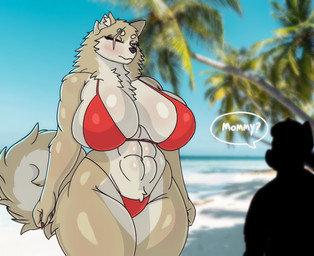 abs ambiguous_gender anthro beach big_breasts bikini biped blush breasts chest_tuft clothed clothed_anthro clothed_female clothing day dialogue duo female fingers front_view fur grey_eyes huge_breasts humanoid_hands inner_boob looking_at_another looking_down mommy_kink muscular muscular_anthro muscular_female neck_tuft neutral_expression one_eye_closed outside palm_tree plant red_bikini red_clothing red_swimwear sand silhouette speech_bubble standing swimwear tail talking_to_another tan_body tan_fur text tree tuft two-piece_swimsuit water wide_hips spoldier canid canine canis domestic_dog mammal shiba_inu spitz 2025 colored english_text hi_res