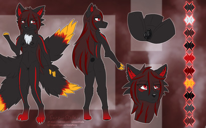 4_tails 4_toes 5_fingers angry animal_genitalia animal_vulva anus areola black_areola black_body black_fur breasts canine_genitalia canine_vulva claws evil_face feet female fingers fluffy fur fur_markings genitals hair handpaw long_hair looking_at_viewer looking_away markings multi_tail nipples nude palette paws presenting presenting_anus presenting_vulva red_body red_eyes red_fur red_hair simple_background slim solo spread_legs spreading tail text toes vulva white_body white_fur yellow_body yellow_fur stellaamoris adhara_(stellaamoris) canid canine fox mammal 16:10 absurd_res digital_media_(artwork) digital_painting_(artwork) hi_res model_sheet painting_(artwork) url widescreen