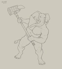 anthro front_view hammer holding_hammer holding_object holding_tool holding_warhammer holding_weapon male male_anthro narrowed_eyes nude pecs proboscis_(anatomy) simple_background solo standing tools trunk_(anatomy) tusks warhammer weapon aduran lamachus_(nalkhan) elephant elephantid mammal proboscidean 2023 absurd_res dated full-length_portrait hi_res monochrome portrait sketch