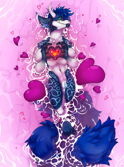 andromorph anthro big_tail blue_body blue_fur blue_hair blue_inner_ear_fluff blue_markings blue_tail blue_vulva blush ear_piercing facial_piercing floating fur genitals green_eyes hair heart_symbol horn inner_ear_fluff intersex looking_at_viewer markings nose_piercing pawpads piercing septum_piercing simple_background smile smiling_at_viewer solo tail tuft vulva water damasath mythology monarch_(tab) canid canine canis dragon hybrid mammal mythological_creature mythological_scalie scalie wolf hi_res nonbinary_(lore)