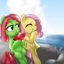 dreadlocks duo eating feathered_wings feathers female feral food fruit holding_food holding_object melon plant smile watermelon watermelon_slice wings yellow_body yellow_feathers behind-space friendship_is_magic hasbro my_little_pony mythology fluttershy_(mlp) tree_hugger_(mlp) earth_pony equid equine horse mammal mythological_creature mythological_equine pegasus pony 1:1 2015 digital_media_(artwork)