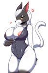 angry anthro big_breasts black_body black_fur blush breasts clothed clothing elderly female fur hair huge_breasts mature_female nipple_dip nipples royalty scar simple_background skinsuit solo tight_clothing wardrobe_malfunction white_body white_fur white_hair yellow_eyes zipper tailzkim a_hat_in_time empress_(ahit) domestic_cat felid feline felis mammal absurd_res hi_res