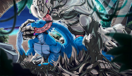 anal anal_penetration anthro beach bodily_fluids breasts butt deep_throat duo erection finger_in_mouth french_kissing genitals glowing island kissing latex liquid_latex male male/male male_penetrated male_penetrating male_penetrating_male mouth_play muscular neck_bulge neck_bulge_lick night nude open_mouth oral oral_penetration outside penetration penis sex sex_on_the_beach size_difference star tail throat tongue tongue_out crazmax mythology arco_(frostyarco) cassius_(mostlysilent) dragon goo_creature lizard mythological_creature mythological_scalie reptile scalie tegu teiid digital_media_(artwork) hi_res