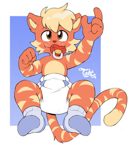4_fingers ambiguous_gender anthro blonde_hair blue_background border clean_diaper clothed clothing diaper dipstick_tail facial_markings fingers fist footwear fur gesture hair hand_gesture head_markings heart_symbol high-angle_view lying markings object_in_mouth on_back orange_body orange_fur orange_tail pacifier pacifier_in_mouth pointing pointing_up red_nose red_pacifier simple_background smile snaggle_tooth socks solo spots spotted_body spotted_face spotted_fur striped_body striped_face striped_fur striped_markings striped_tail stripes tail tail_markings wearing_diaper whisker_spots white_border white_diaper yellow_body yellow_fur yellow_inner_ear yellow_spots yellow_stripes yellow_tail yellow_tail_tip toby_tiger hyper_(hyper_tiger) felid mammal pantherine tiger 2024 absurd_res full-length_portrait hi_res portrait signature