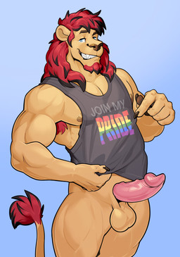 anthro armpit_hair blue_eyes body_hair bottomless clothed clothing erection fangs gesture hand_gesture lgbt_pride male pointing pose pride_colors shirt solo tank_top teasing teeth topwear big_wada dusty_(dusty_the_lion) felid lion mammal pantherine absurd_res hi_res pinup