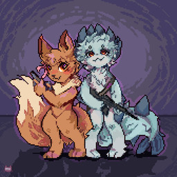 3_toes 4_fingers ambiguous_gender anthro black_nose blue_body blue_fur blush bow_ribbon brown_body brown_eyes brown_fur cheek_tuft chest_tuft cute_fangs duo facial_tuft fangs feet female fingers fur gun handgun horn inner_ear_fluff pale_fur paws pistol ranged_weapon red_eyes rifle teeth toes tuft weapon white_body white_fur brila casualties:_unknown gunsaw nintendo pokemon ruka_vaporeon eevee generation_1_pokemon gunsawian pokemon_(species) roza_(gunsawian) 1:1 digital_media_(artwork) pixel_(artwork)