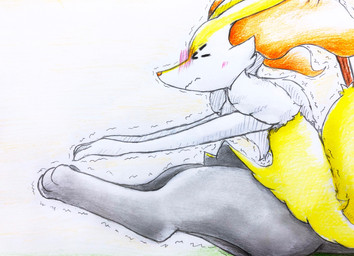 3_fingers 3_toes ambiguous_anthro ambiguous_gender anthro arm_tuft biped black_body black_fur blush blush_lines cheek_tuft chest_tuft closed_frown digitigrade eyes_closed facial_tuft feet fingers flat_chested frown fur hip_tuft inner_ear_fluff mouth_closed multicolored_body multicolored_fur nude_ambiguous nude_anthro object_in_tail orange_body orange_fur orange_inner_ear_fluff orange_nose pointy_ears prick_ears shoulder_tuft side_view simple_background sitting solo stick stick_in_tail stretching tail tapering_snout toes tremble_spikes tuft wavy_mouth white_background white_body white_fur yellow_body yellow_fur yellow_tail eiroru nintendo pokemon braixen canid generation_6_pokemon mammal pokemon_(species) 2023 colored_pencil_(artwork) full-length_portrait graphite_(artwork) hi_res portrait traditional_media_(artwork)