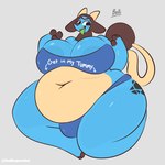 1:1 anthro areola areola_slip belli_(swallowpancakes) belly big_belly big_breasts big_bulge bloated blue_body bottomwear bovid bovine breasts bulge clothed clothing english_text exposed_belly eyelashes female generation_2_pokemon green_tongue gynomorph hooves horn intersex long_tail mammal miltank navel nintendo open_mouth overweight overweight_anthro overweight_female pokemon pokemon_(species) simple_background smile solo swallowpancakes tail text thick_thighs tongue topwear vore_request wide_hips