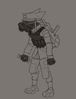 ambiguous_gender anthro armor backpack body_armor bottomwear clothed clothing digitigrade furgonomic_headwear furgonomic_helmet furgonomics gas_mask grey_background gun half-closed_eyes headgear helmet holding_knife holding_object jacket knife machine_gun mask narrowed_eyes pants ranged_weapon shin_guards simple_background solo standing topwear weapon buttergug project_silverfish inheritor lizard reptile scalie 2026 greyscale hi_res monochrome