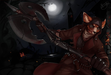 anthro armor autumn axe bandolier battle_axe black_nose blood blood_stain bodily_fluids brown_body brown_fur clothed clothing cross double_bitted_axe duster_coat fur headgear helmet leaf light male melee_weapon moon moonlight night outside plant silhouette solo standing tower tree weapon white_body white_fur thescarletartist bloodborne fromsoftware sony_corporation sony_interactive_entertainment the_hunter_(bloodborne) canid canine mammal absurd_res hi_res