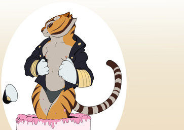anthro breasts cake clothed clothing dessert discarded_clothing female food hat headgear headwear jacket nipples open_clothing open_topwear panties pop_out_cake solo stripper topwear underwear undressing sabrotiger dreamworks kung_fu_panda under_siege master_tigress felid mammal pantherine tiger 2018 digital_media_(artwork) portrait three-quarter_portrait