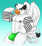 abs anthro beak bulge clothing feathered_wings feathers flexing green_eyes hair looking_at_viewer male muscular muscular_anthro muscular_male nipples pecs simple_background solo tail thong tuft underwear wings schwarzfox barabird mythology drew_(barabird) avian gryphon mythological_avian mythological_creature