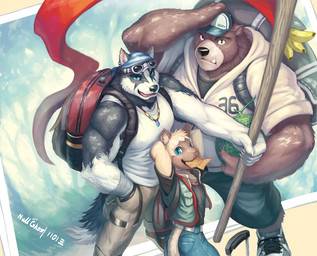 abstract_background anthro backpack banana barazoku black_body black_fur blue_eyes brown_body brown_fur clothed clothing eyewear flag food fruit fur goggles group hat headgear headwear jewelry looking_at_viewer male muscular muscular_male necklace plant pose shirt simple_background size_difference tank_top topwear dudedle null-ghost kemo_coliseum cyrus_(kemo_coliseum) tharsix_(kemo_coliseum) volga_(kemo_coliseum) bear canid canine canis domestic_cat domestic_dog felid feline felis husky mammal nordic_sled_dog siamese_cat spitz