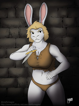 anthro belly big_breasts blonde_hair breasts clothing dagger dungeon ears_up fantasy female hair knife long_ears melee_weapon navel solo underwear weapon oneflymagpie kaia_(sojourn) lagomorph leporid mammal rabbit hi_res
