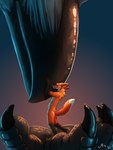 ambiguous_gender anthro beak black_feet black_talons character_in_hand claws duo extreme_size_difference feet fur gradient_background holding_character hug male male/ambiguous micro micro_focus nude on_hand orange_body orange_fur simple_background size_difference magpi avian canid canine fox mammal 2021 3:4 hi_res signature