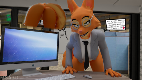 accessory anthro anus barbell_piercing bottomless bottomless_anthro bottomless_female butt clothed clothing computer computer_keyboard computer_mouse dialogue electronics eyelashes eyewear facial_tuft female fur genitals glasses half-closed_eyes heart_symbol leaning_on_table long_eyelashes looking_at_viewer narrowed_eyes necktie orange_body orange_fur piercing shirt solo speech_bubble suit tail talking_to_viewer text topwear tuft vulva franticm84 furromantic_(modeler) apple_inc. apple_macintosh dreamworks imac the_bad_guys diane_foxington canid canine fox mammal 2023 3d_(artwork) artist_name digital_media_(artwork) english_text hi_res